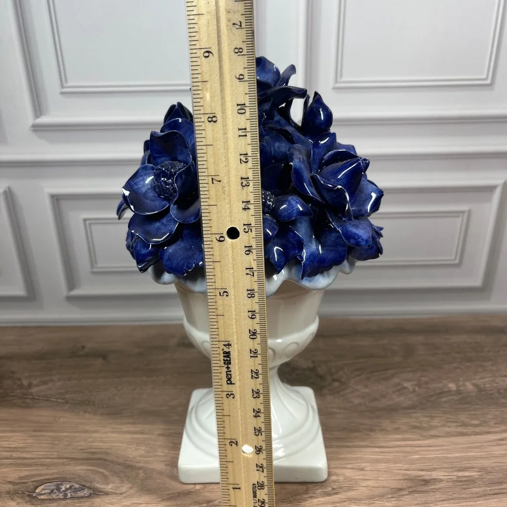 Italian Ceramic Floral Centerpiece Urn Blue White Roses Anemones Hand-Painted